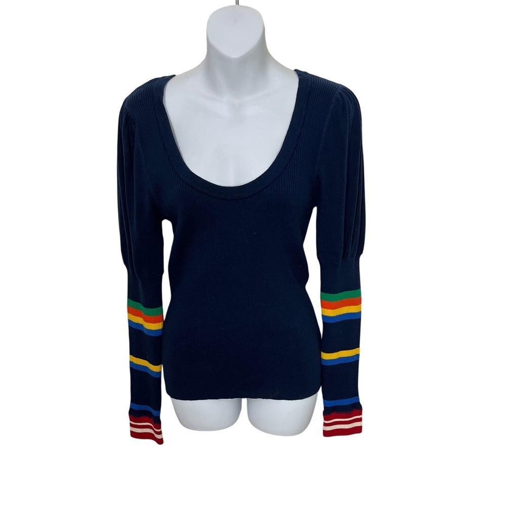 Free People Ribbed Sweater Womens Small Navy‎ Blue Rainbow Stripe Puff Sleeve